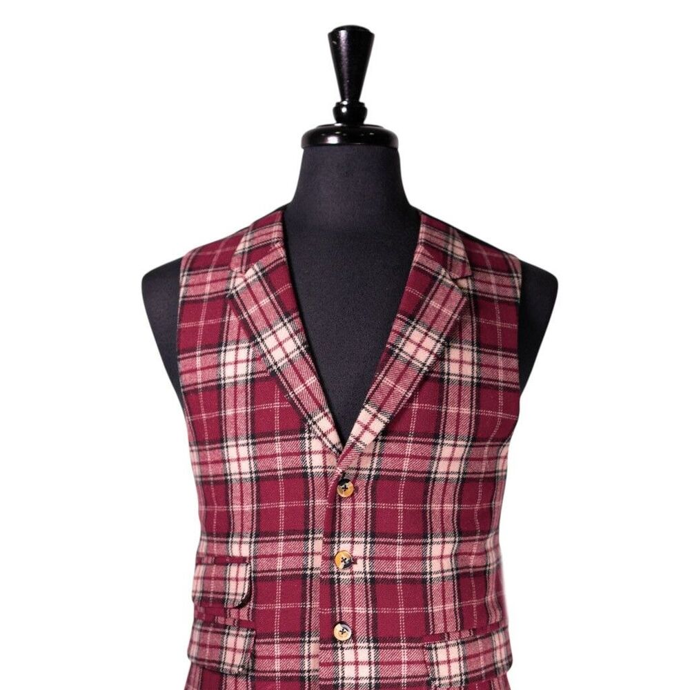 Mens 42R Wool Vest Burgundy Cream Plaid Waistcoat Classic Formal Wedding Party - Picture 4 of 10